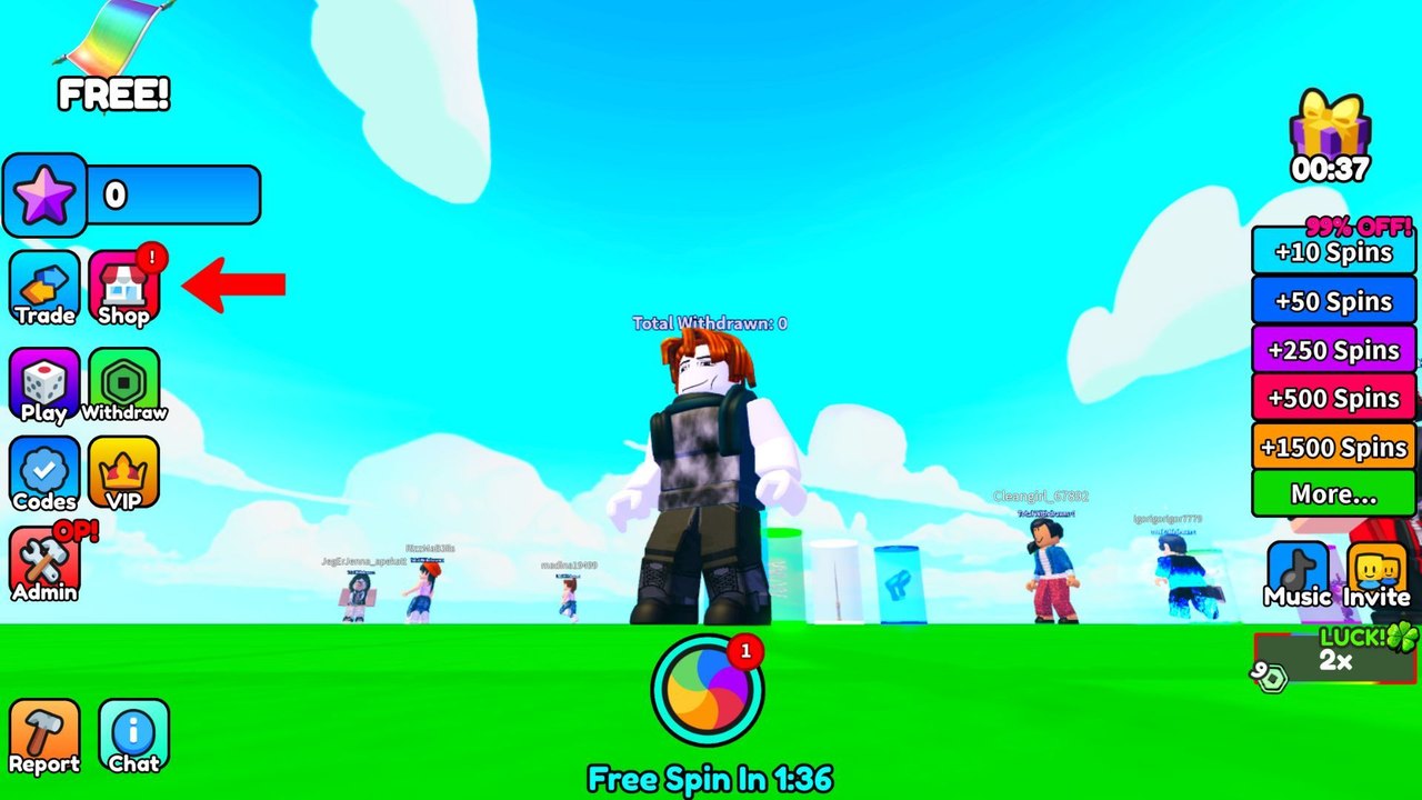 Spin For Free lobby HUD showing Codes, Shop, Withdraw, VIP, and the free-spin timer